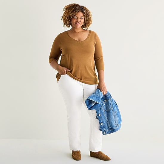 St. John's Bay Womens Plus Easy-on + Easy-off V Neck 3/4 Sleeve Adaptive T-Shirt