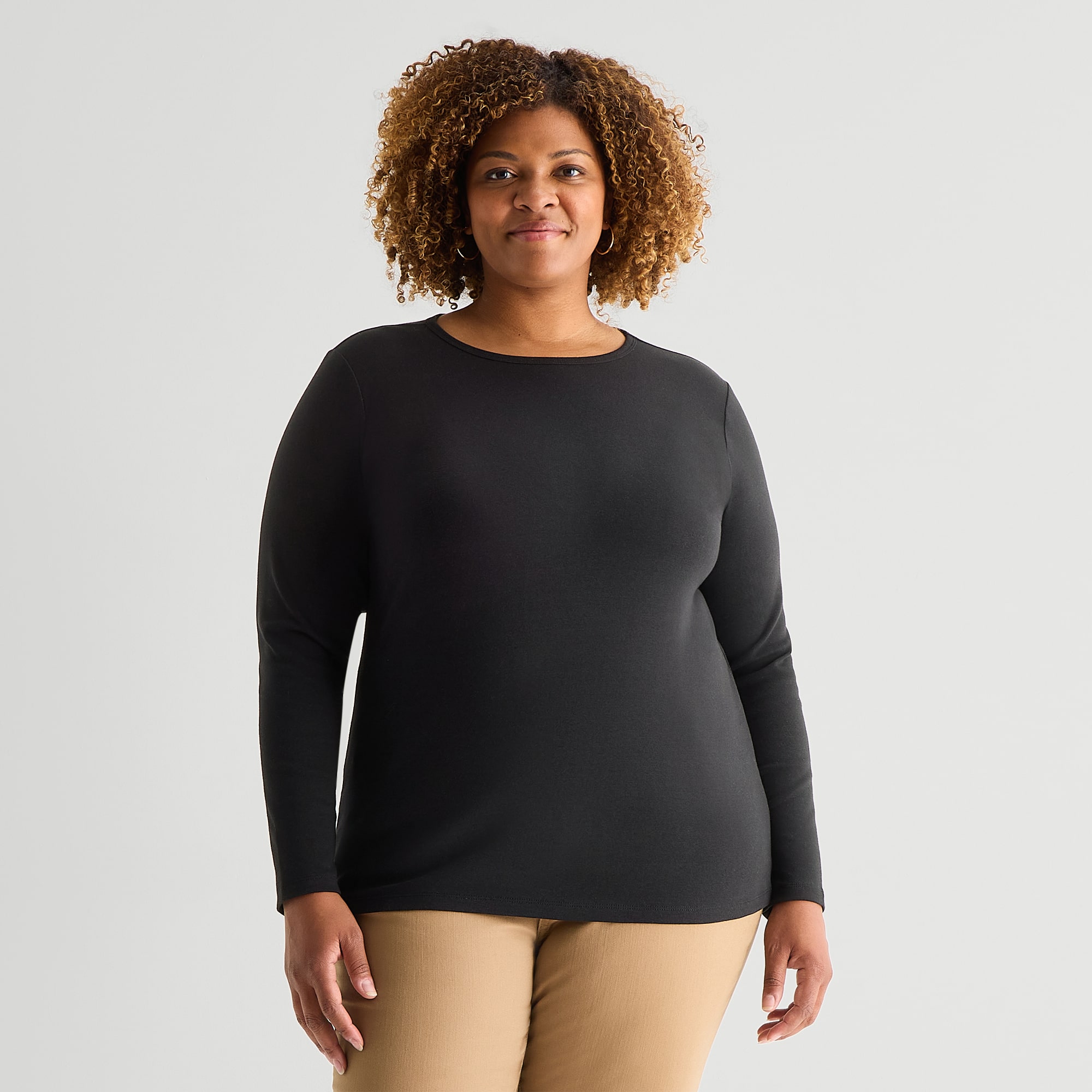 St. John's Bay Womens Plus Crew Neck Long Sleeve T-Shirt