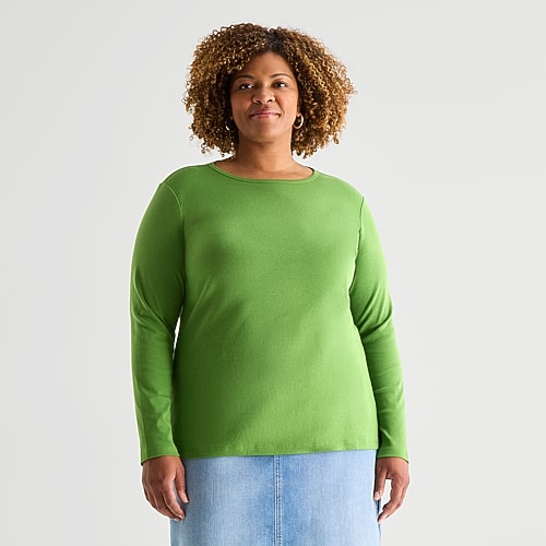 St. John's Bay Womens Plus Crew Neck Long Sleeve T-shirt In Green
