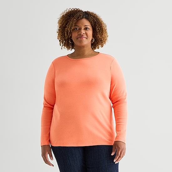 St. John's Bay Womens Plus Crew Neck Long Sleeve T-Shirt