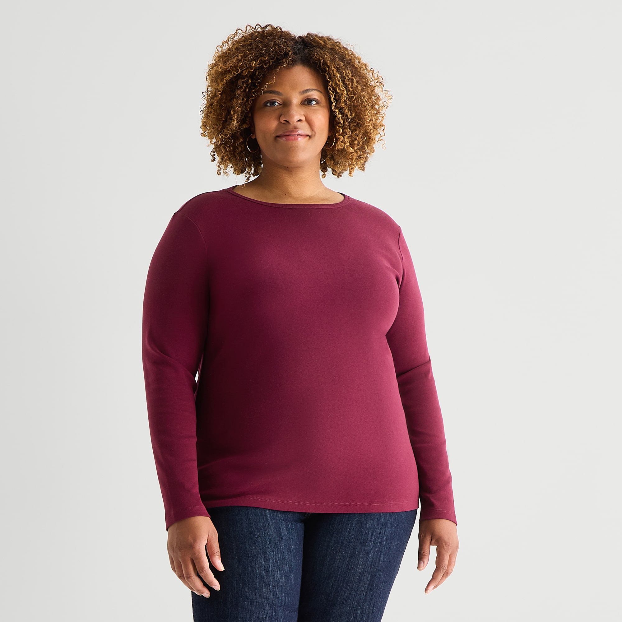 St. John's Bay Womens Plus Crew Neck Long Sleeve T-Shirt