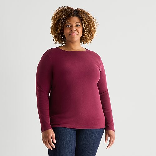 St. John's Bay Womens Plus Crew Neck Long Sleeve T-shirt In Red