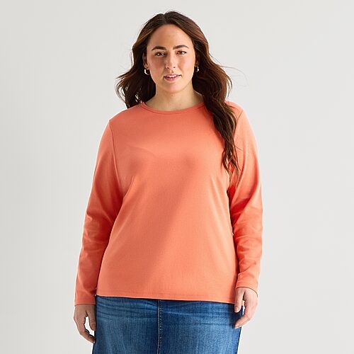 St. John's Bay Womens Plus Crew Neck Long Sleeve T-shirt In Orange