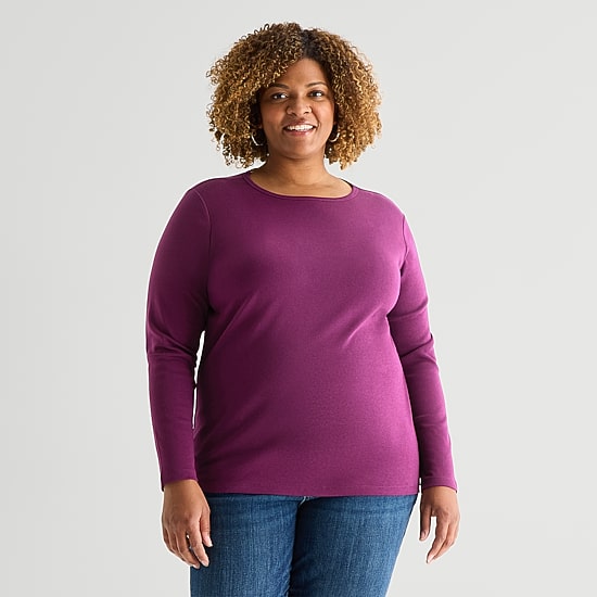 St. John's Bay Womens Plus Crew Neck Long Sleeve T-Shirt