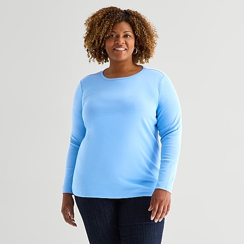 St. John's Bay Womens Plus Crew Neck Long Sleeve T-shirt In Blue