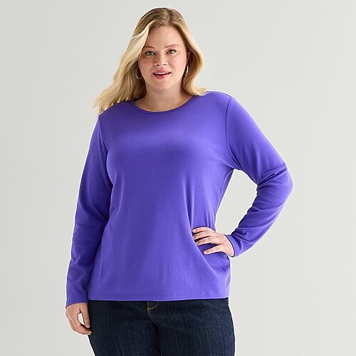 St. John's Bay Womens Plus Crew Neck Long Sleeve T-shirt In Purple