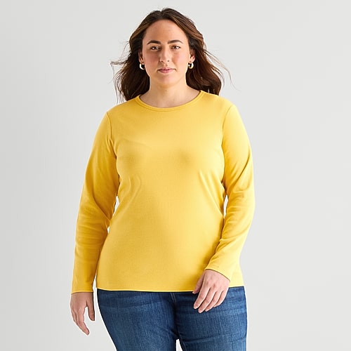 St. John's Bay Womens Plus Crew Neck Long Sleeve T-shirt In Yellow