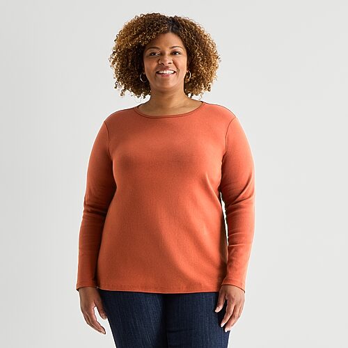 St. John's Bay Womens Plus Crew Neck Long Sleeve T-shirt In Brown