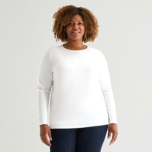 St. John's Bay Womens Plus Crew Neck Long Sleeve T-shirt In White