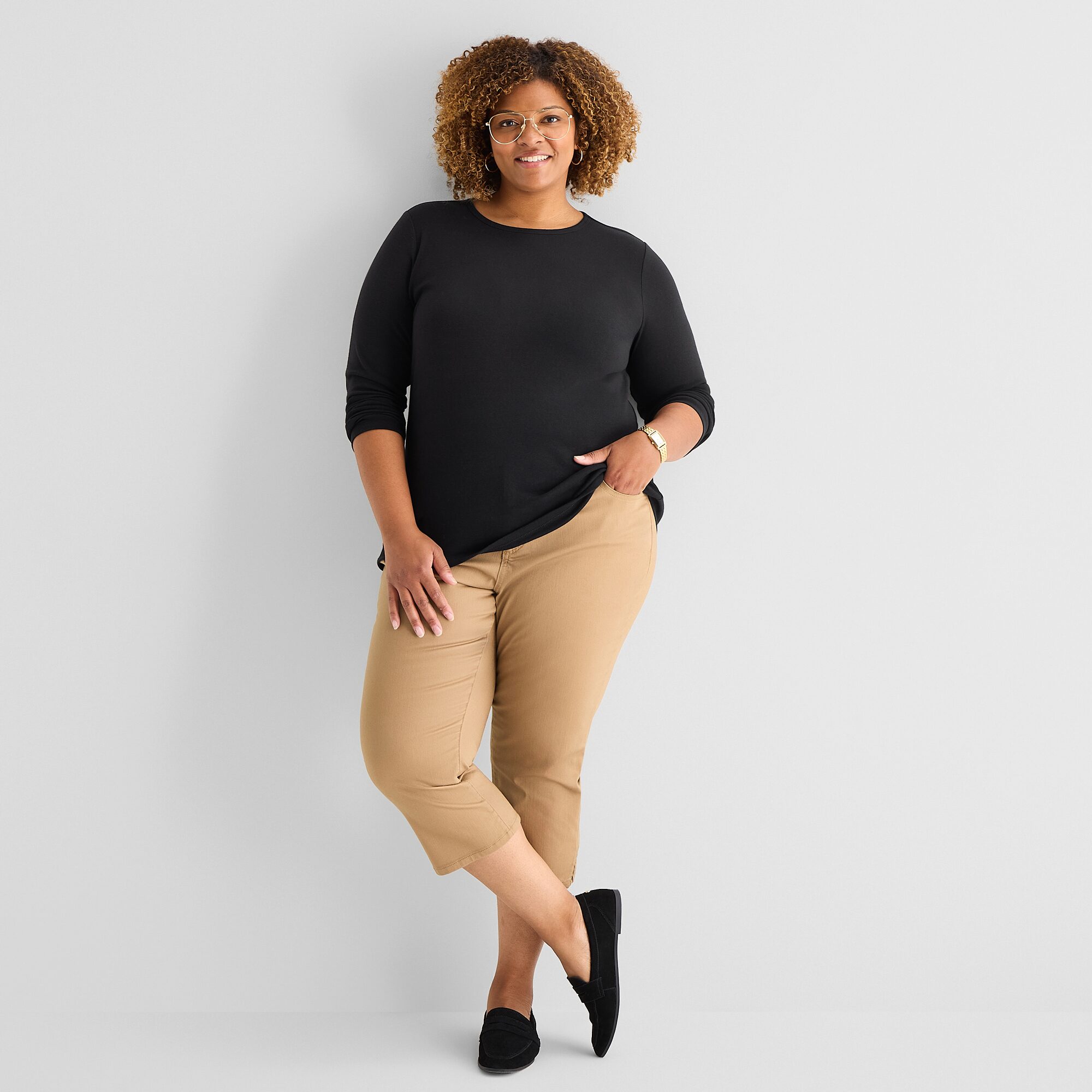 St. John's Bay Womens Plus Crew Neck Long Sleeve T-Shirt