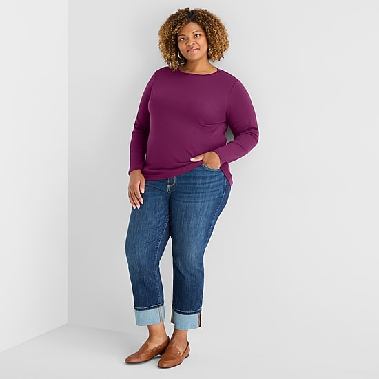 St. John's Bay Womens Plus Crew Neck Long Sleeve T-Shirt
