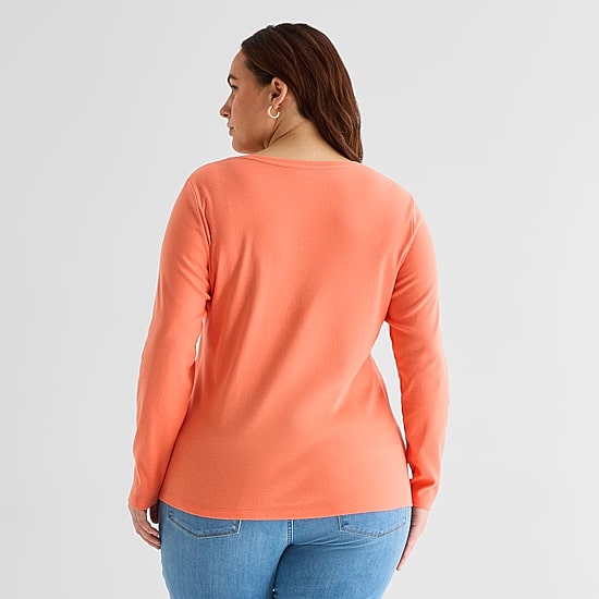 St. John's Bay Womens Plus V Neck Long Sleeve T-Shirt