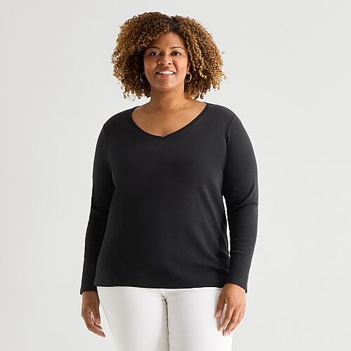 St. John's Bay Womens Plus V Neck Long Sleeve T-shirt In Black