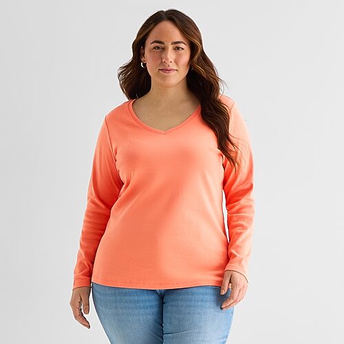 St. John's Bay Womens Plus V Neck Long Sleeve T-shirt In Orange