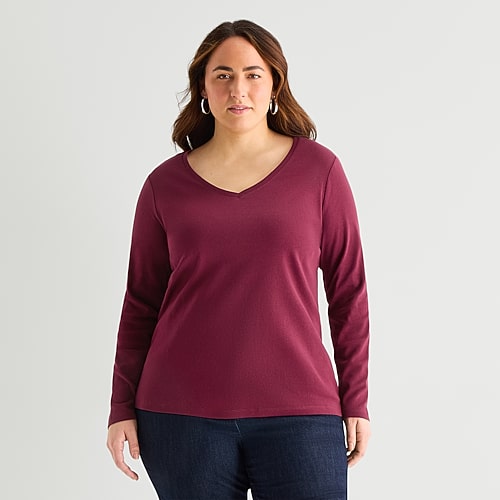 St. John's Bay Womens Plus V Neck Long Sleeve T-shirt In Red