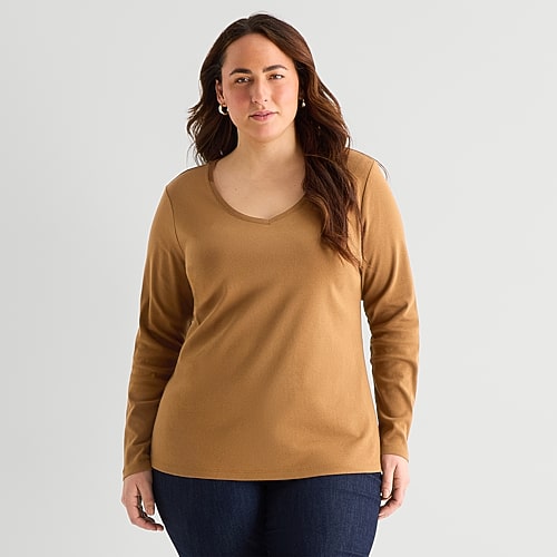 St. John's Bay Womens Plus V Neck Long Sleeve T-shirt In Brown