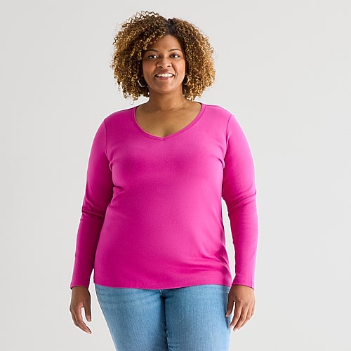 St. John's Bay Womens Plus V Neck Long Sleeve T-shirt In Pink