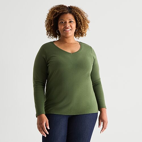 St. John's Bay Womens Plus V Neck Long Sleeve T-shirt In Green