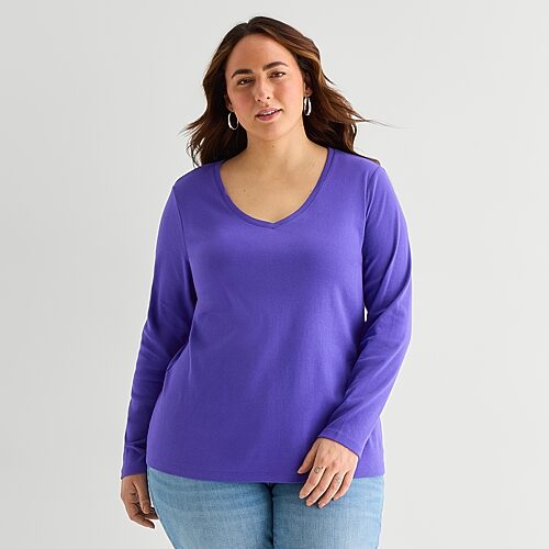 St. John's Bay Womens Plus V Neck Long Sleeve T-shirt In Purple