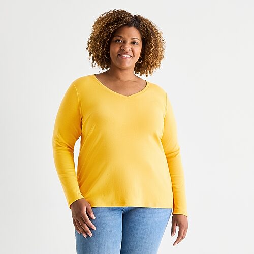 St. John's Bay Womens Plus V Neck Long Sleeve T-shirt In Yellow