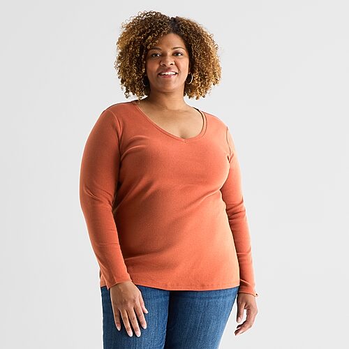 St. John's Bay Womens Plus V Neck Long Sleeve T-Shirt, 5x, Brown