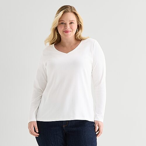 St. John's Bay Womens Plus V Neck Long Sleeve T-shirt In White