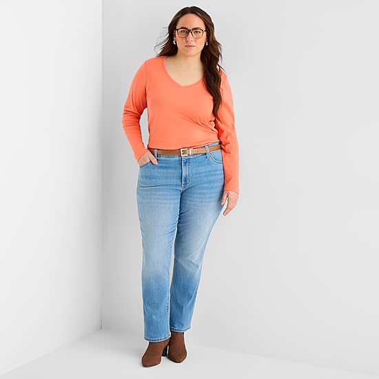 St. John's Bay Womens Plus V Neck Long Sleeve T-Shirt