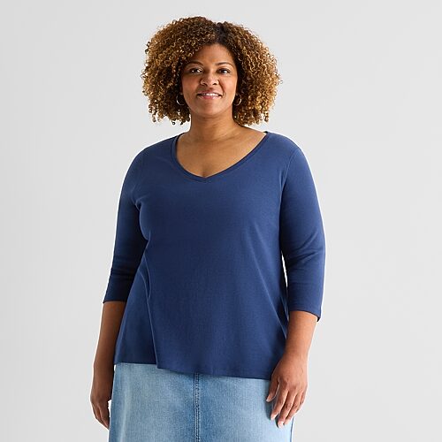 St. John's Bay Womens Plus Easy-on + Easy-off V Neck 3/4 Sleeve Adaptive T-shirt In Blue