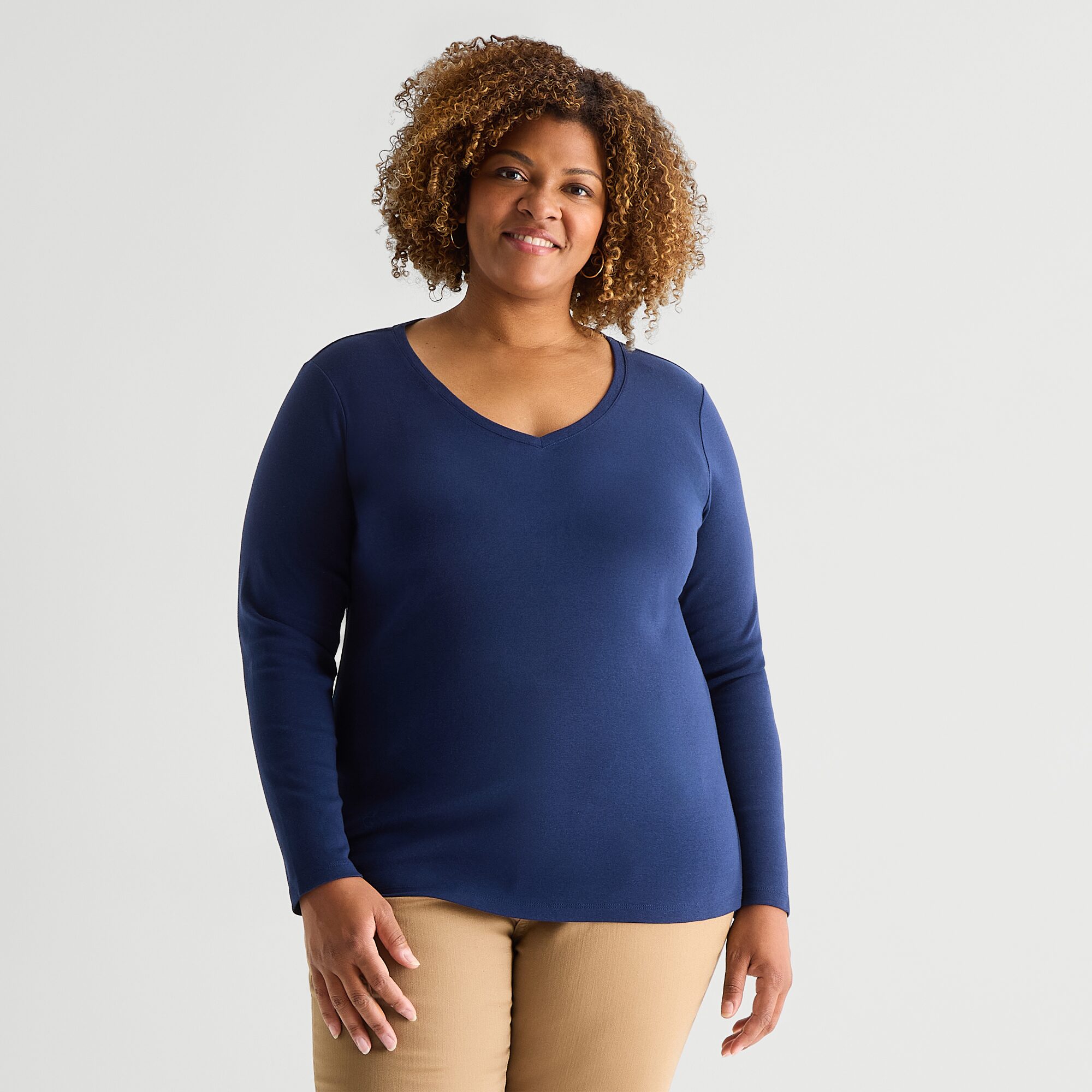 St. John's Bay Womens Plus V Neck Long Sleeve T-Shirt