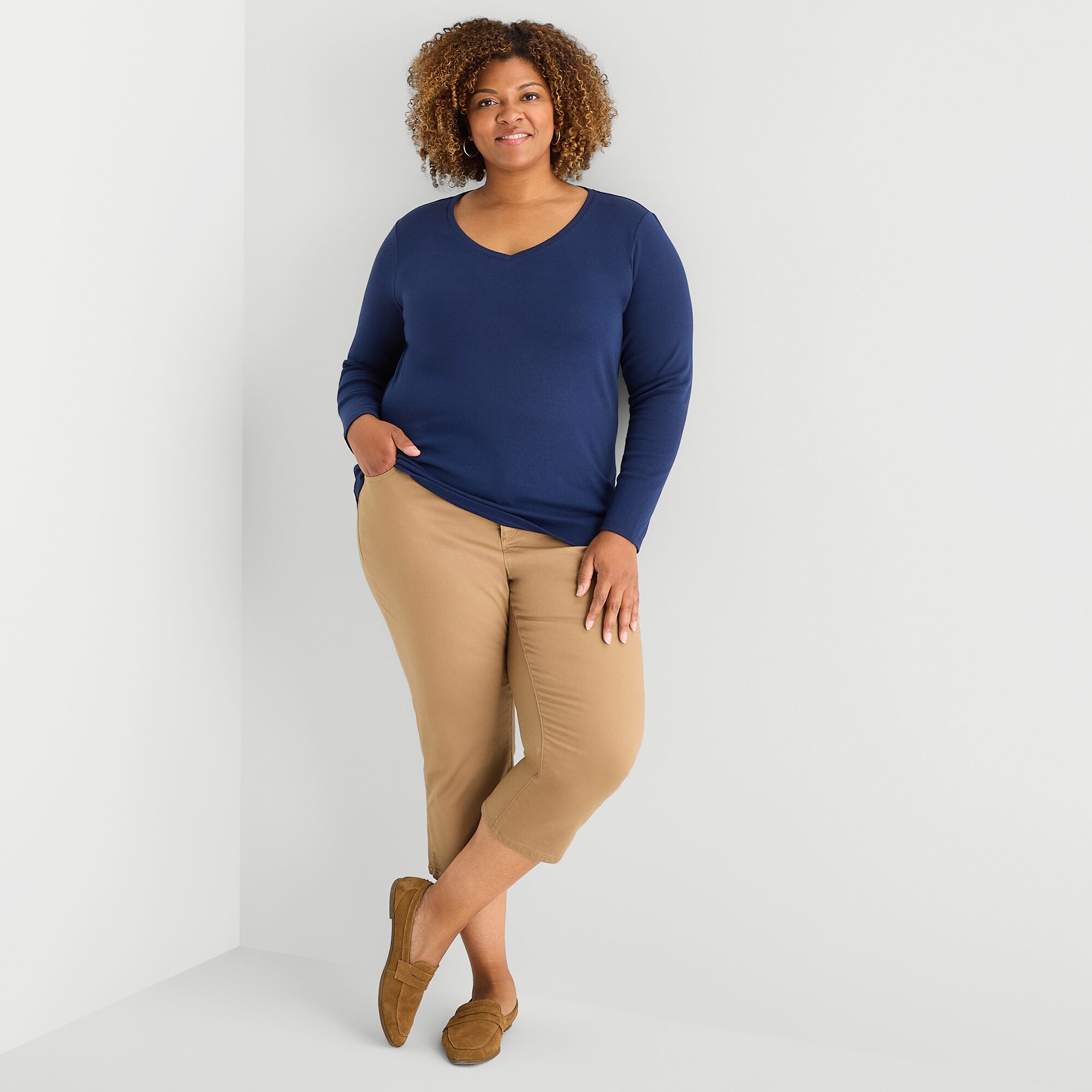 St. John's Bay Womens Plus V Neck Long Sleeve T-Shirt
