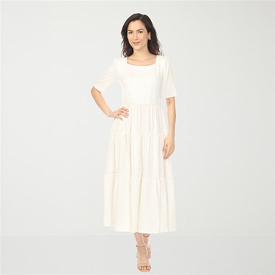 White Mark Square Neck Short Sleeve Tiered Womens Square Neck Elbow Sleeve Fitted Maxi Dress