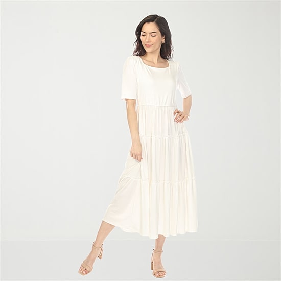 White Mark Square Neck Short Sleeve Tiered Womens Square Neck Elbow Sleeve Fitted Maxi Dress