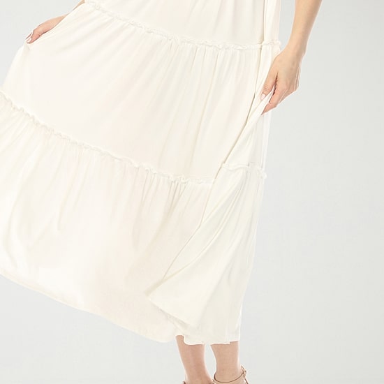 White Mark Square Neck Short Sleeve Tiered Womens Square Neck Elbow Sleeve Fitted Maxi Dress