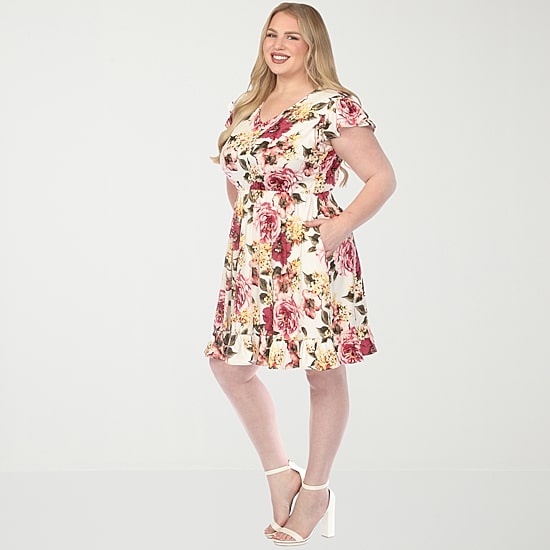White Mark V-Neck Womens Plus V Neck Short Sleeve Flutter Floral Empire Waist Dress