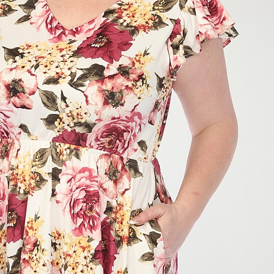 White Mark V-Neck Womens Plus V Neck Short Sleeve Flutter Floral Empire Waist Dress
