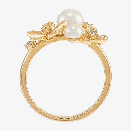 Womens 6-6.5MM White Cultured Freshwater Pearl 14K Gold Over Silver Flower Cocktail Ring
