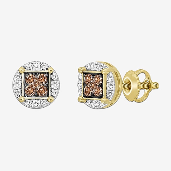 (Brown / I3) 3/4 CT. T.W. Natural Champagne Diamond 10K Gold 10mm Round Stud Earrings