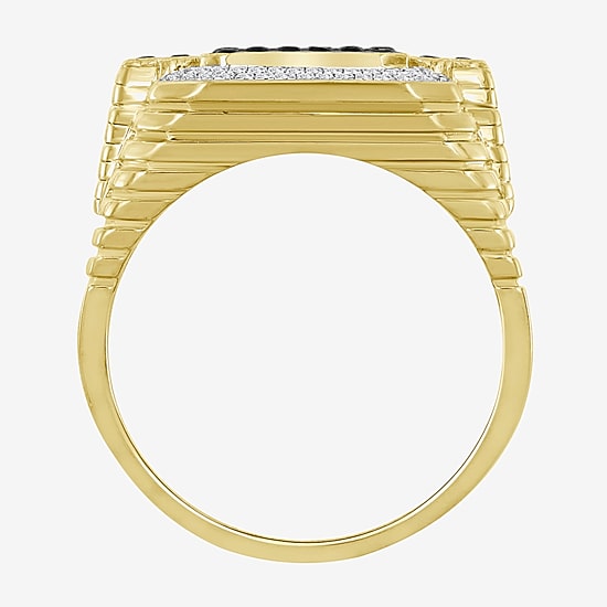 (Black / I3) Mens 3/4 CT. T.W. Natural Black Diamond 10K Gold Cushion Halo Cocktail Ring