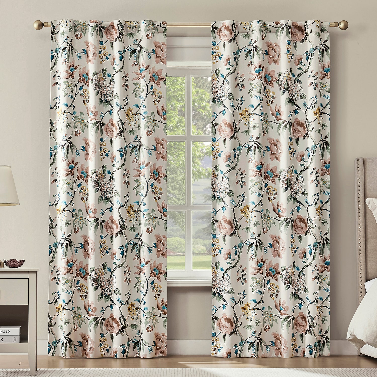 Sun Zero Claudette Vintage Floral Magnetic Closure Back Tab 100% Blackout Set of 2 Curtain Panel