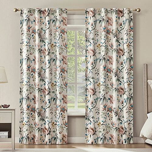 Sun Zero Claudette Vintage Floral Magnetic Closure Back Tab 100% Blackout Set of 2 Curtain Panel, One Size, Beige