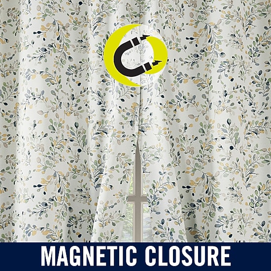 Sun Zero Maureen Painted Foliage Magnetic Closure Grommet Top 100% Blackout Set of 2 Curtain Panel