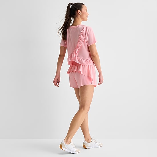 Xersion Ruffle Womens Round Neck Short Sleeve Quick Dry Active T-Shirt