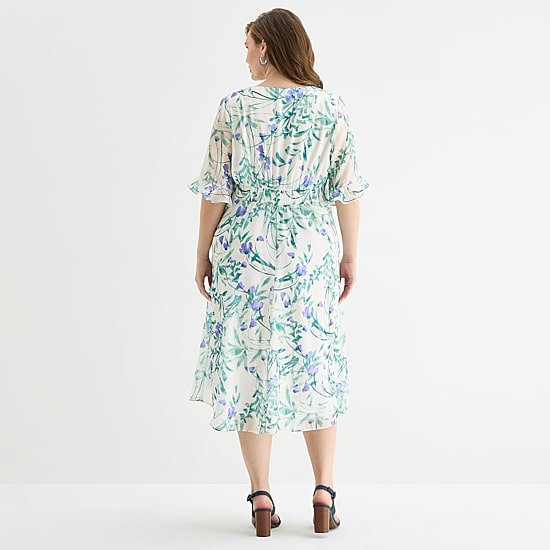 Perceptions Womens Plus Midi V Neck Elbow Sleeve Ruffled Floral Fit + Flare Dress