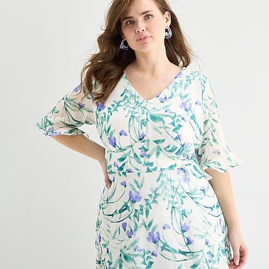 Perceptions Womens Plus Midi V Neck Elbow Sleeve Ruffled Floral Fit + Flare Dress