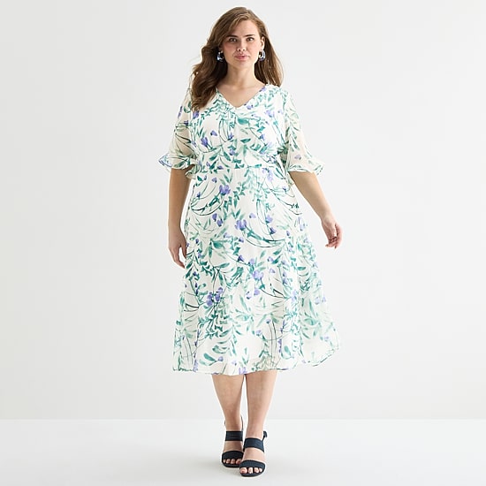 Perceptions Womens Plus Midi V Neck Elbow Sleeve Ruffled Floral Fit + Flare Dress