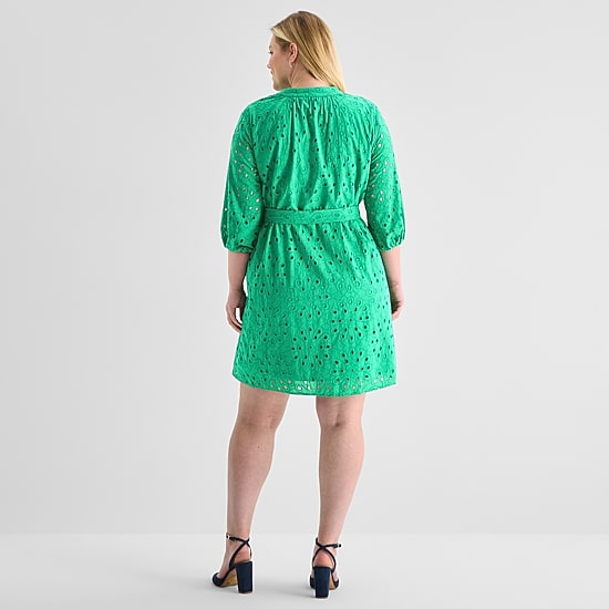 Perceptions Womens Plus V Neck 3/4 Sleeve Balloon Fit + Flare Dress