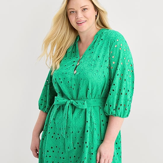 Perceptions Womens Plus V Neck 3/4 Sleeve Balloon Fit + Flare Dress