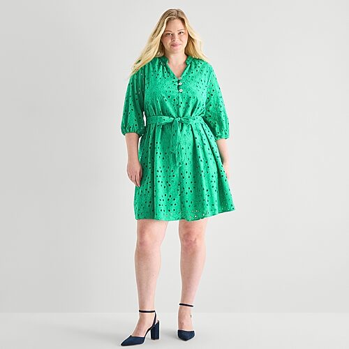 Perceptions Womens Plus V Neck 3/4 Sleeve Balloon Fit + Flare Dress In Green