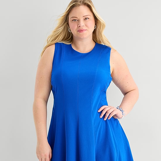 Danny & Nicole Womens Plus Round Neck Sleeveless Fit + Flare Dress