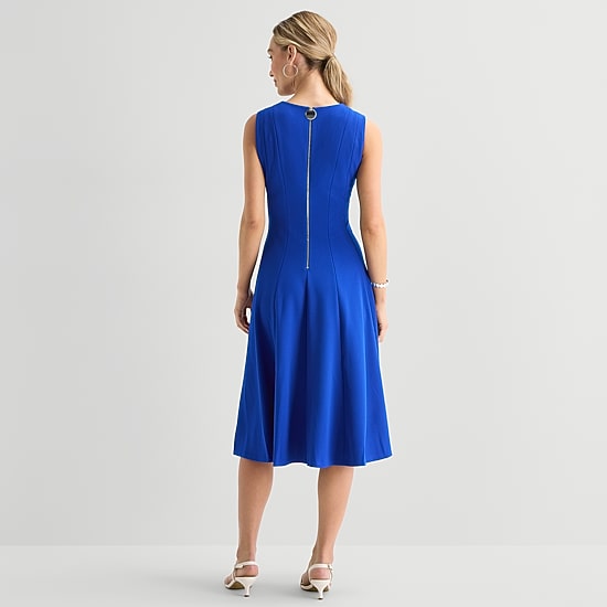 Marc New York Womens Midi V Neck Sleeveless Fit + Flare Dress